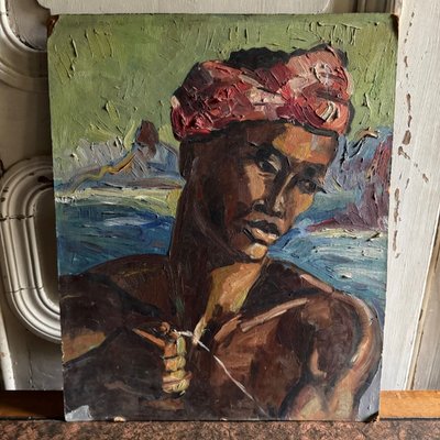 Oil on panel portrait of a Comorian woman at work 1950