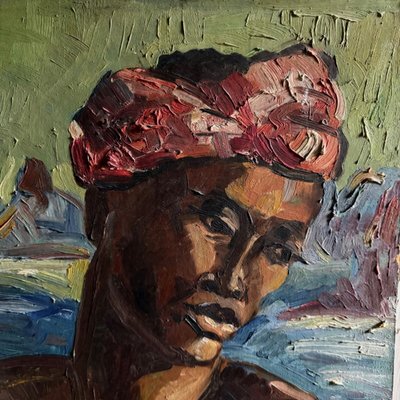 Oil on panel portrait of a Comorian woman at work 1950