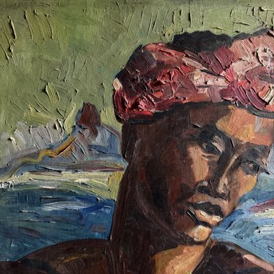 Oil on panel portrait of a Comorian woman at work 1950