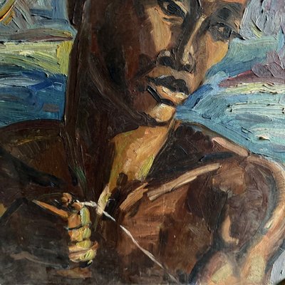 Oil on panel portrait of a Comorian woman at work 1950