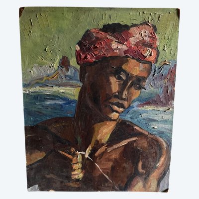 Oil on panel portrait of a Comorian woman at work 1950