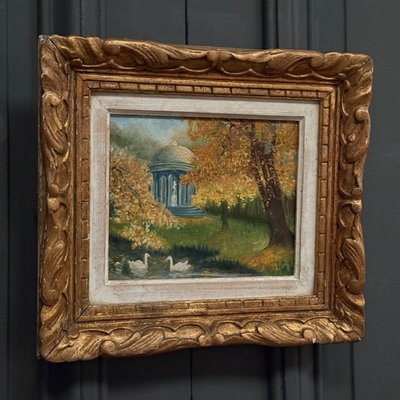 Huile sur toile par C. Jeunault 1938 kiosque et cygnes dans un parc