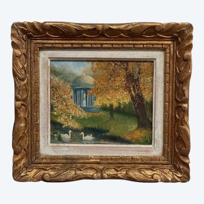 Huile sur toile par C. Jeunault 1938 kiosque et cygnes dans un parc