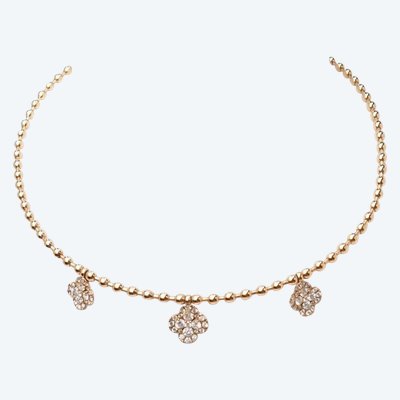Collier boules rigide et trèfles en or rose et diamants
