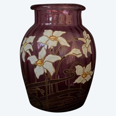 Legras enamelled vase 1900 pink glass daffodil decoration
