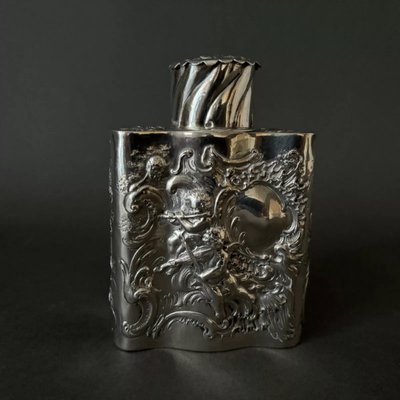 19th century silver tea box with romantic decor and Louis XV musicians