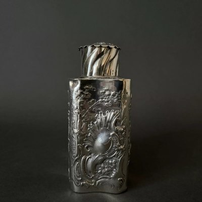 19th century silver tea box with romantic decor and Louis XV musicians