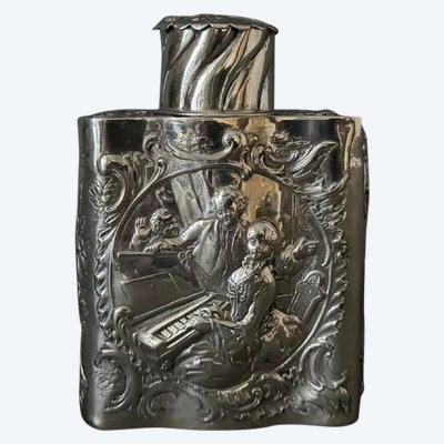 19th century silver tea box with romantic decor and Louis XV musicians