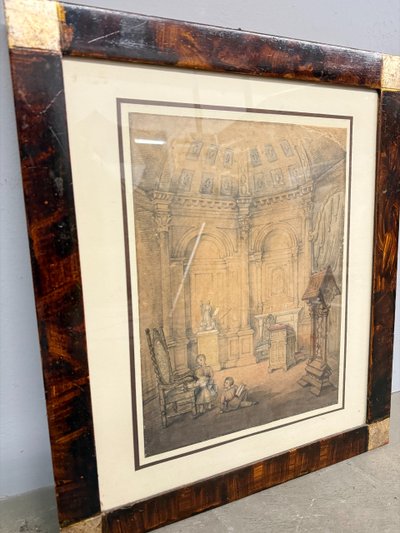 Antico disegno con bambini e architetture. Gael Covelli, fine '800, mis 51x43cm. Firmato in basso a 