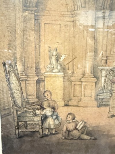 Antico disegno con bambini e architetture. Gael Covelli, fine '800, mis 51x43cm. Firmato in basso a 