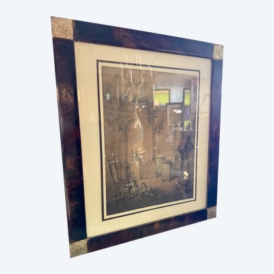 Antico disegno con bambini e architetture. Gael Covelli, fine '800, mis 51x43cm. Firmato in basso a 