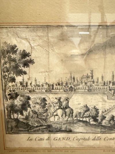 Gravures anciennes du XIXe siècle avec les villes de Gand et de Trèves, 26x31cm