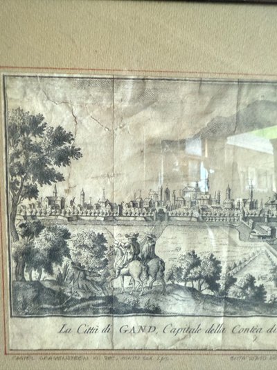 Gravures anciennes du XIXe siècle avec les villes de Gand et de Trèves, 26x31cm