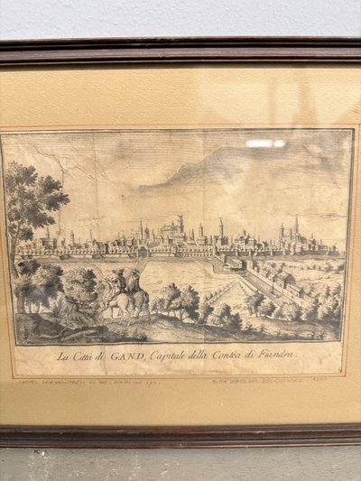 Gravures anciennes du XIXe siècle avec les villes de Gand et de Trèves, 26x31cm
