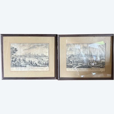 Gravures anciennes du XIXe siècle avec les villes de Gand et de Trèves, 26x31cm