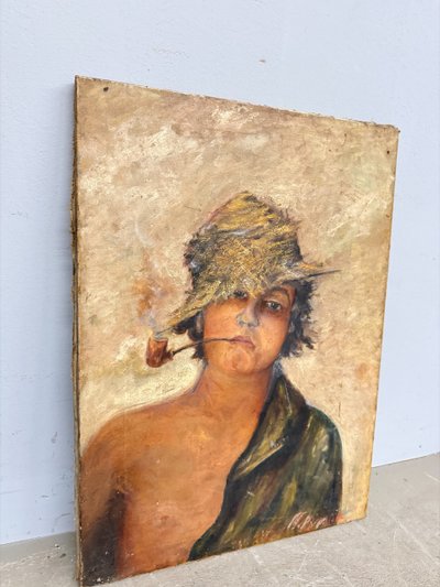 Antique oil painting on canvas from the late 19th century, depicting a Neapolitan street urchin 64x47 cm. Undecipherable signature