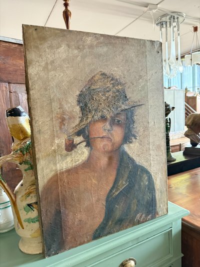 Antique oil painting on canvas from the late 19th century, depicting a Neapolitan street urchin 64x47 cm. Undecipherable signature