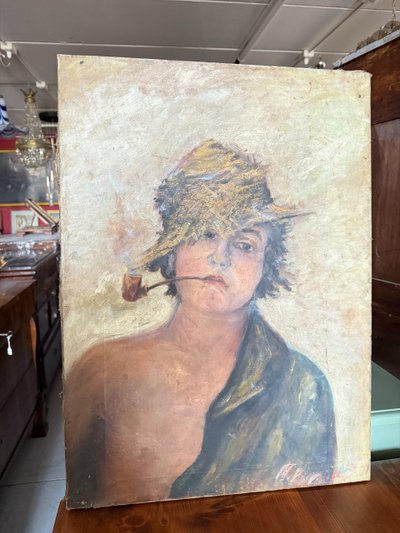Antique oil painting on canvas from the late 19th century, depicting a Neapolitan street urchin 64x47 cm. Undecipherable signature