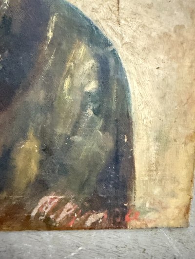 Antique oil painting on canvas from the late 19th century, depicting a Neapolitan street urchin 64x47 cm. Undecipherable signature