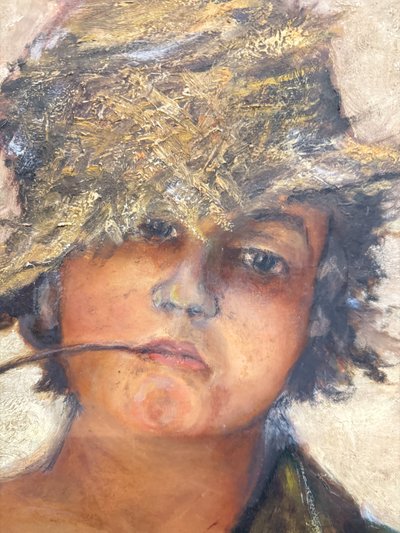 Antique oil painting on canvas from the late 19th century, depicting a Neapolitan street urchin 64x47 cm. Undecipherable signature
