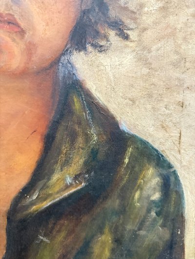 Antique oil painting on canvas from the late 19th century, depicting a Neapolitan street urchin 64x47 cm. Undecipherable signature