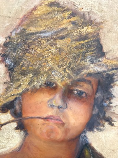 Antique oil painting on canvas from the late 19th century, depicting a Neapolitan street urchin 64x47 cm. Undecipherable signature