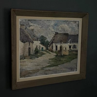 Huile sur toile fermettes bretonnes par Pasquier début XXe