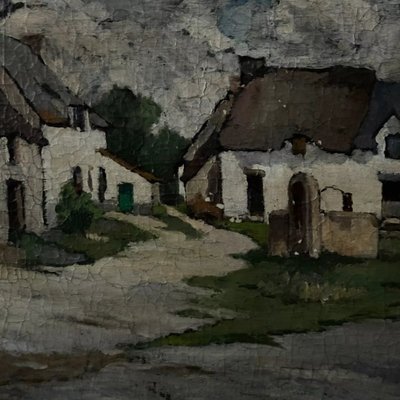 Huile sur toile fermettes bretonnes par Pasquier début XXe