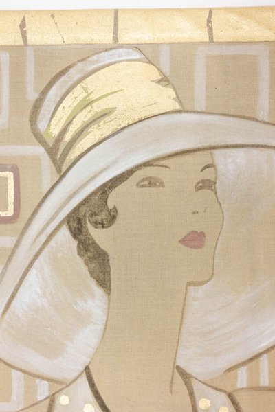 Bemalte Leinwand mit der Darstellung einer eleganten Frau aus den 1950er Jahren. Zeitgenössisch. LS6135675T