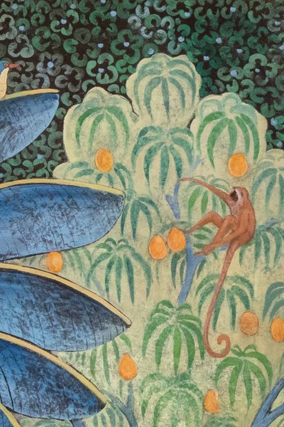 Bemalte Leinwand mit der Darstellung von Affen auf einem Obstbaum. Zeitgenössisch.  LS6136459I