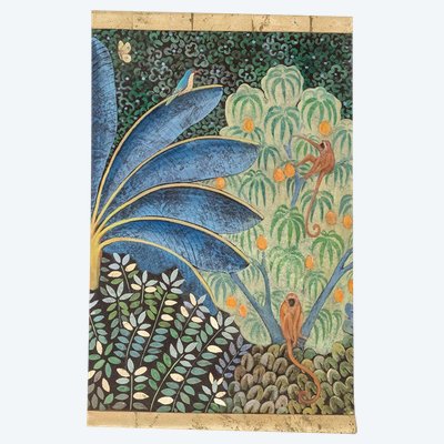 Bemalte Leinwand mit der Darstellung von Affen auf einem Obstbaum. Zeitgenössisch.  LS6136459I