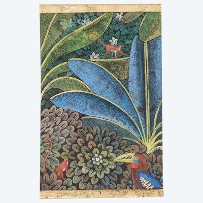 Tela dipinta raffigurante un tucano su sfondo stilizzato. Contemporaneo. Codice articolo: LS6137458J