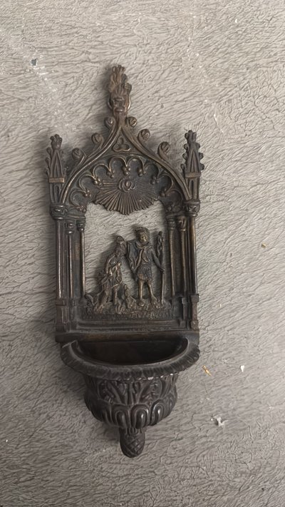 Bénitier ancien en bronze, XIXe siècle, baptême de Jésus, 21x8x4cm