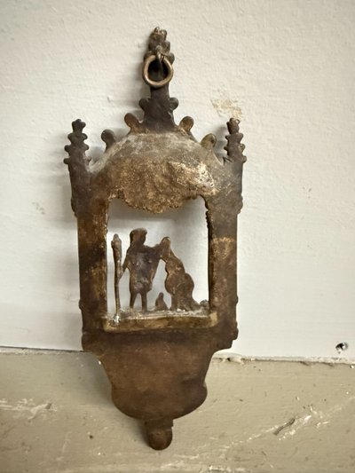 Bénitier ancien en bronze, XIXe siècle, baptême de Jésus, 21x8x4cm