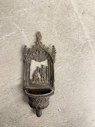 Bénitier ancien en bronze, XIXe siècle, baptême de Jésus, 21x8x4cm