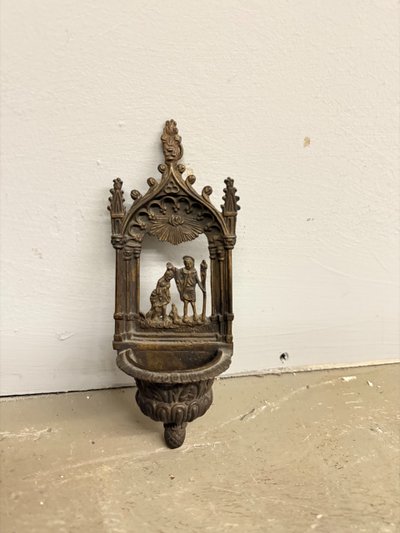 Bénitier ancien en bronze, XIXe siècle, baptême de Jésus, 21x8x4cm