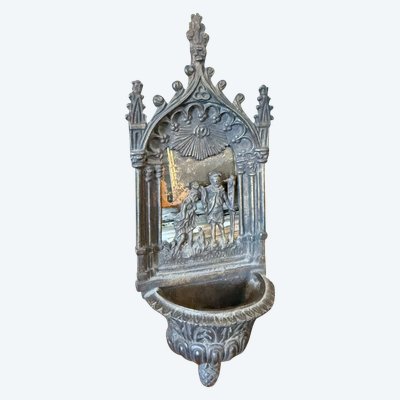 Bénitier ancien en bronze, XIXe siècle, baptême de Jésus, 21x8x4cm