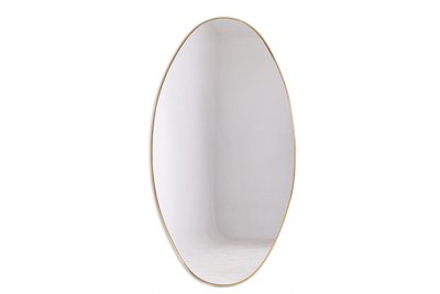 Specchio di forma ovale con asta in ottone dorato. Anni '70. Modello LS6260509U