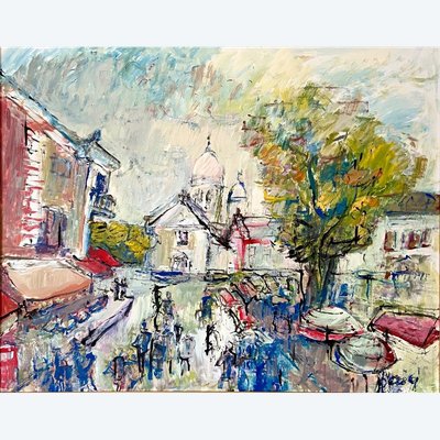Mario Bonamici (1912-2002), Painting View of the Place du Tertre in Paris Montmartre.