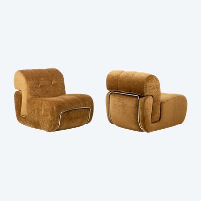 Pair of chrome-plated metal and fabric lounge chairs. 1970s. LS63491700/23400/4B