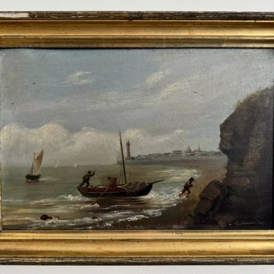 Öl auf Karton von R. Coubinier 1887 Boot an einer felsigen Küste