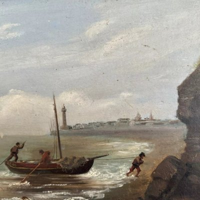 Öl auf Karton von R. Coubinier 1887 Boot an einer felsigen Küste