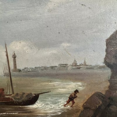 Öl auf Karton von R. Coubinier 1887 Boot an einer felsigen Küste