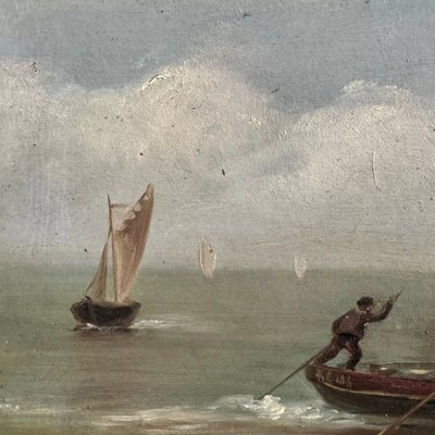 Öl auf Karton von R. Coubinier 1887 Boot an einer felsigen Küste