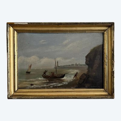 Öl auf Karton von R. Coubinier 1887 Boot an einer felsigen Küste