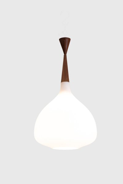 Pendant light in white opal glass and blond mahogany. 1960s. LS6356358M