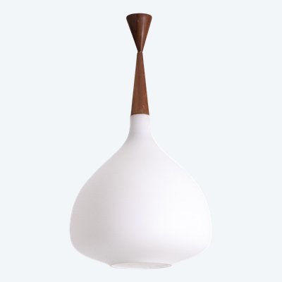 Pendant light in white opal glass and blond mahogany. 1960s. LS6356358M