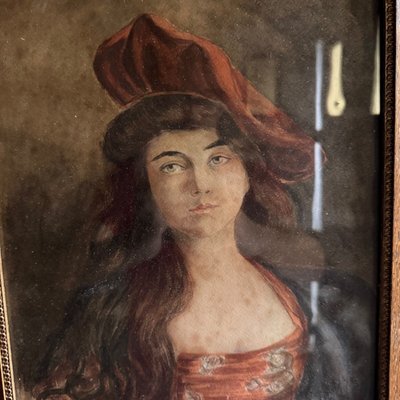 Acquerello su carta, fine XIX secolo, ritratto di donna con cappello monogrammato