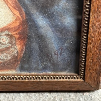 Acquerello su carta, fine XIX secolo, ritratto di donna con cappello monogrammato