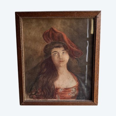 Acquerello su carta, fine XIX secolo, ritratto di donna con cappello monogrammato